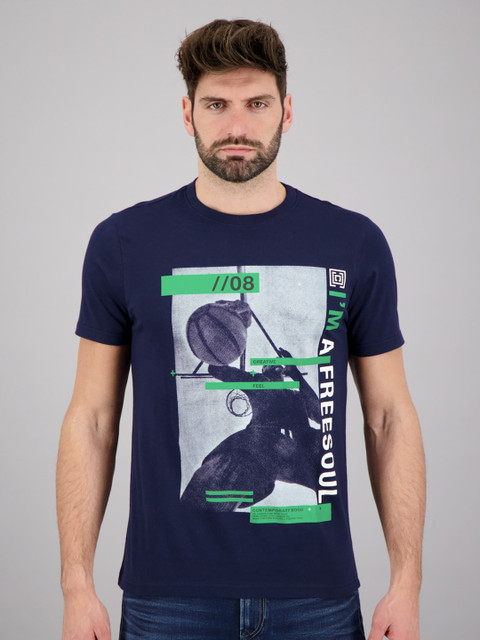 

FREESOUL Men Navy Blue Printed T-shirt