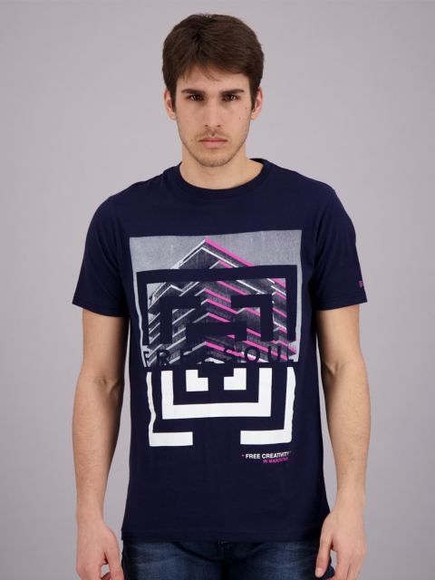 

FREESOUL Men Navy Blue & White Printed Cotton T-shirt