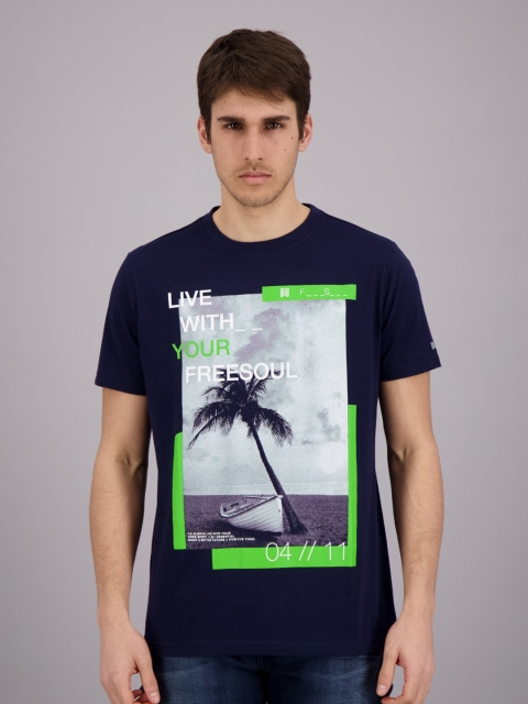 

FREESOUL Men Navy Blue Printed Tropical T-shirt