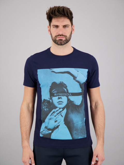 

FREESOUL Men Navy Blue Printed Raw Edge T-shirt