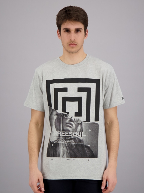 

FREESOUL Men Grey Melange Graphic Printed Cotton T-shirt