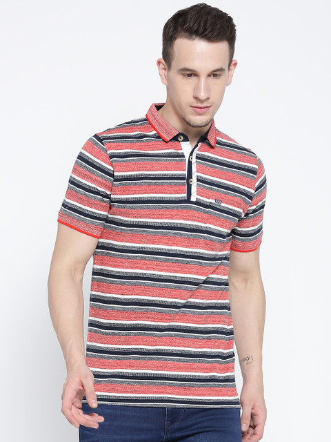

Fort Collins Men Red & Navy Striped Polo T-shirt
