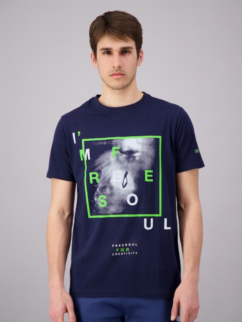

FREESOUL Men Navy Blue Printed Pure Cotton T-shirt