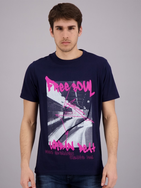 

FREESOUL Men Navy Blue Printed Pure Cotton T-shirt