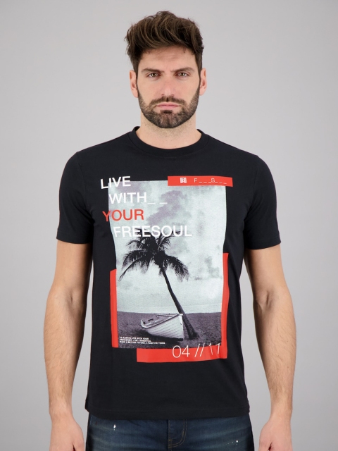 

FREESOUL Men Black Printed Cotton T-shirt