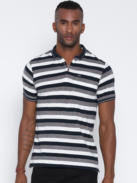 

Fort Collins Men Navy & White Striped Polo Collar T-shirt, Navy blue