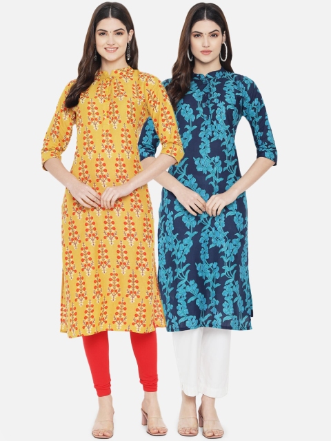 

arangya Women Pack of 2 Yellow & Blue Floral Printed Floral Kurtas
