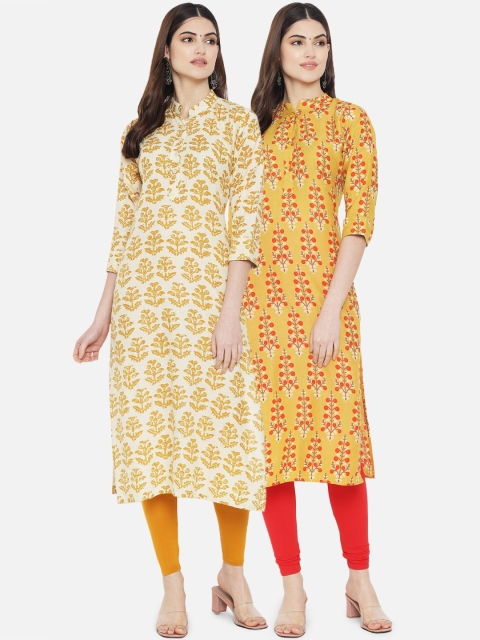 

arangya Women Pack Of 2 White & Yellow Floral Printed Floral Kurta