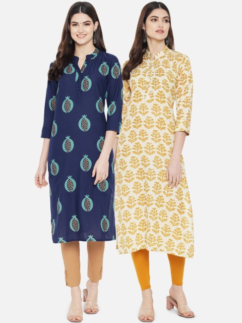 

arangya Women Pack Of 2 Navy Blue & Yellow Ethnic Motifs Printed Floral Kurta