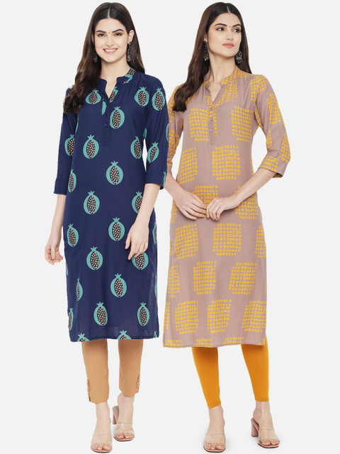 

arangya Women Pack Of 2 Blue & Yellow Ethnic Motifs Printed Kurta