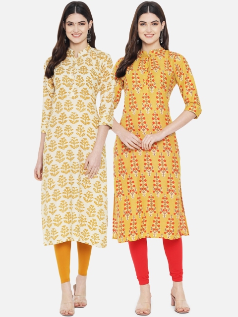 

arangya Women Pack Of 2 Yellow & Red Ethnic Motifs Printed Floral Kurta