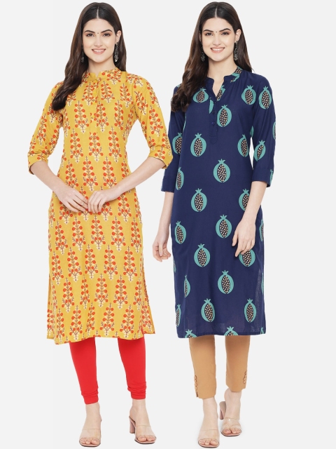 

arangya Women Pack Of 2 Blue & Yellow Floral Printed Floral Kurta