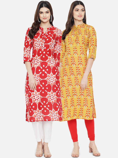 

arangya Women Set Of 2 Red & Yellow Floral Printed Floral Kurta