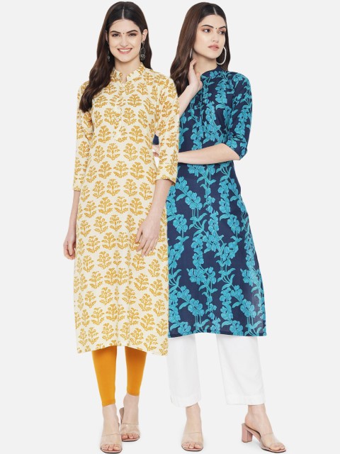 

arangya Women Pack Of 2 Yellow & Navy Blue Ethnic Motifs Printed Floral Kurta