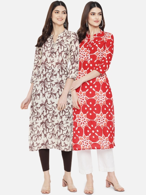 

arangya Women Red & Brown Set Of 2 Floral Printed Cotton Kurta