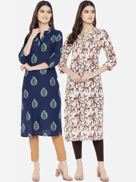 

arangya Women Navy Blue & Beige Ethnic Motifs Printed Straight Kurta Pack Of 2