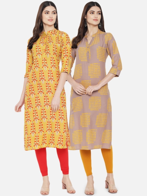 

arangya Women Mustard Yellow & Red Set Of 2 Floral Printed Cotton Kurta