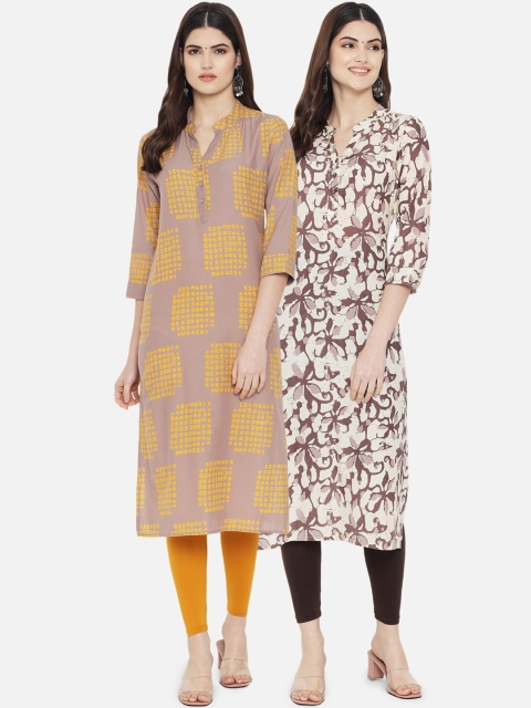 

arangya Women Beige & Yellow Geometric Printed Straight Kurta Pack Of 2