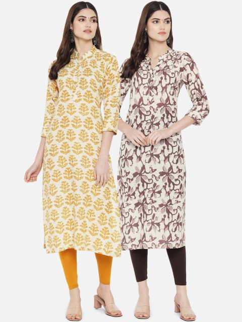 arangya Women Pack of 2 Yellow & Brown Floral Printed Floral Cotton Kurtas