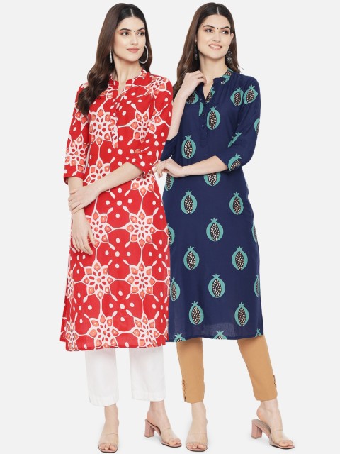

arangya Women Red & Navy Blue Printed Straight Kurta Pack Of 2