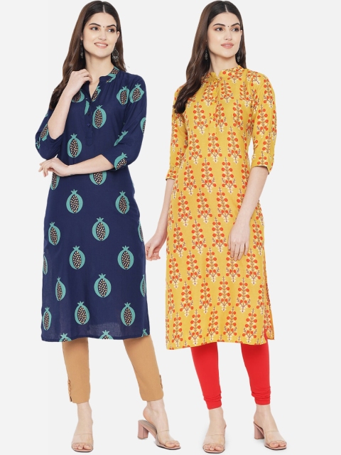 

arangya Women Navy Blue & Mustard Yellow Set Of 2 Floral Printed Cotton Kurta