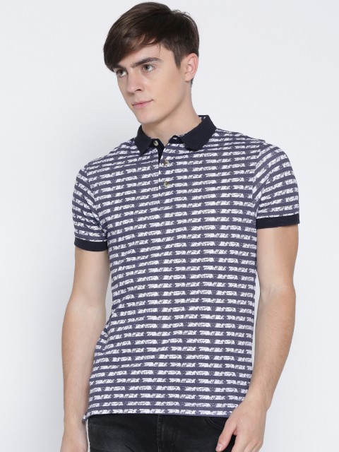 

Fort Collins Men White & Navy Striped Polo Collar T-shirt