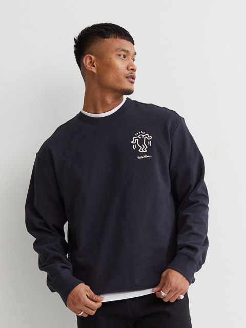 

H&M Men Navy Blue Relaxed Fit Printed Round Neck Sweatshirt