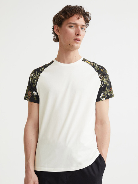 

H&M Men Black & White Colorblocked Muscle Fit Cotton T-Shirt