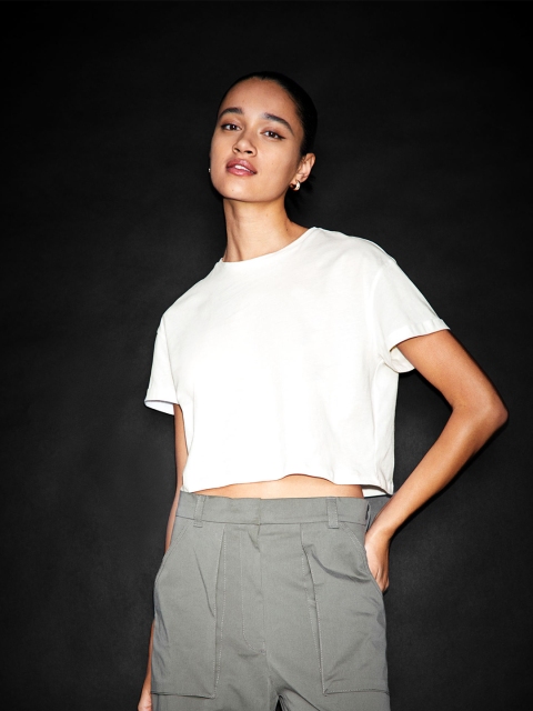 

H&M Women White Solid Pure Cotton Cropped T-shirt