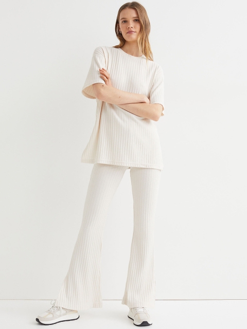 

H&M Women White Rib-Knit Trousers