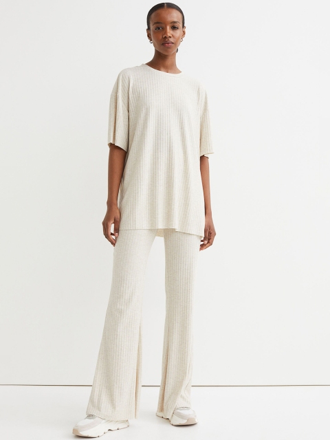 

H&M Women Beige Ribbed Trousers