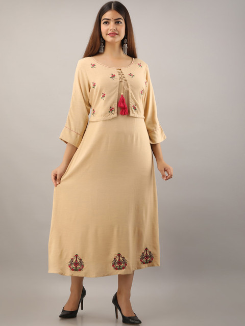 

PREKSHA Women Beige Floral Embroidered Thread Work Kurta