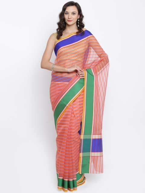 

BANARASI SILK WORKS Pink Cotton Striped Banarasi Saree