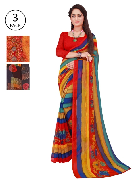 

Florence Yellow & Red Striped Pure Georgette Saree With Unstitched Blouse Pack Of 3