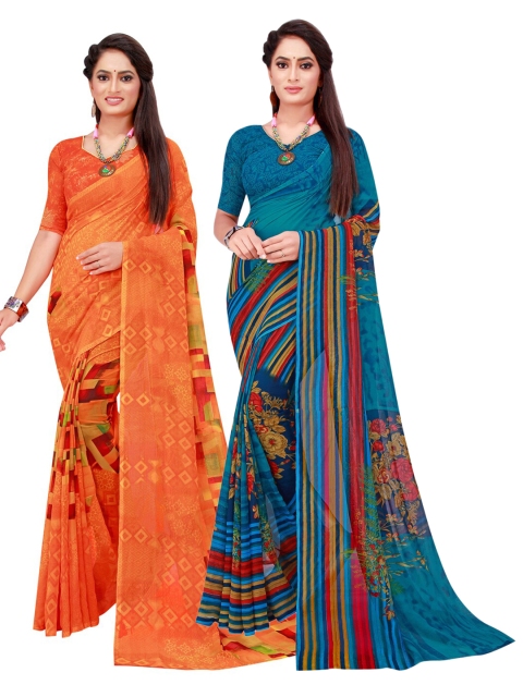 

Florence Orange & Blue Printed Pure Georgette Saree With Unstitched Blouse Pack Of 2