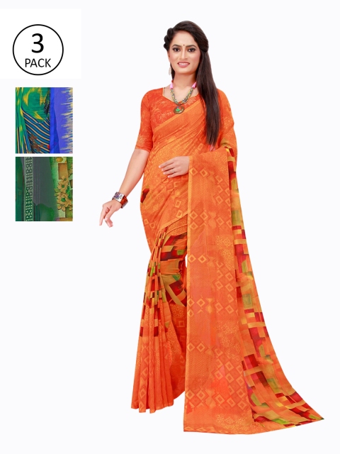 

Florence Green & Orange Printed Pure Georgette Saree With Unstitched Blouse Pack Of 3