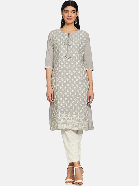 

IVOC Women Grey Ethnic Motifs Printed Pure Cotton Kurta with Trousers