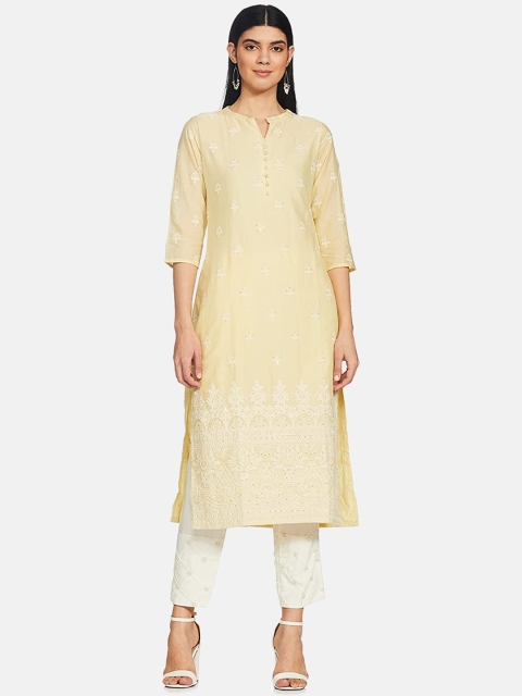 

IVOC Women Yellow Floral Embroidered Pure Cotton Kurta with Trousers