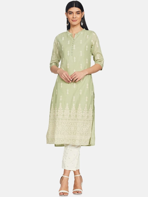 

IVOC Women Green Ethnic Motifs Embroidered Pure Cotton Kurta with Trousers