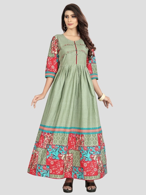 

Fashion FRICKS Green & Red Ethnic Motifs Ethnic Cotton Maxi Dress