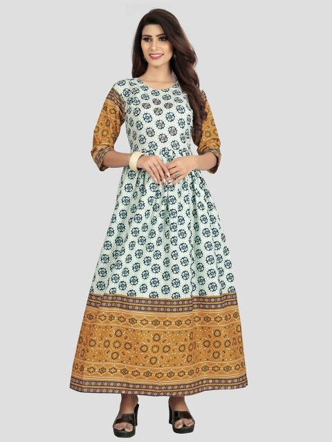 

Fashion FRICKS White & Green Floral Ethnic Cotton Maxi Dress