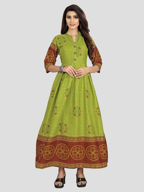 

Fashion FRICKS Green & Brown Ethnic Motifs Cotton Maxi Dress