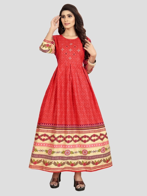 

Fashion FRICKS Red & Cream-Coloured Ethnic Motifs Cotton Maxi Dress