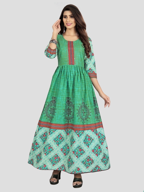 

Fashion FRICKS Green & Pink Ethnic Motifs Cotton Maxi Dress