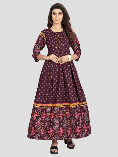 

Fashion FRICKS Maroon & Off White Ethnic Motifs Printed Cotton Maxi Dress