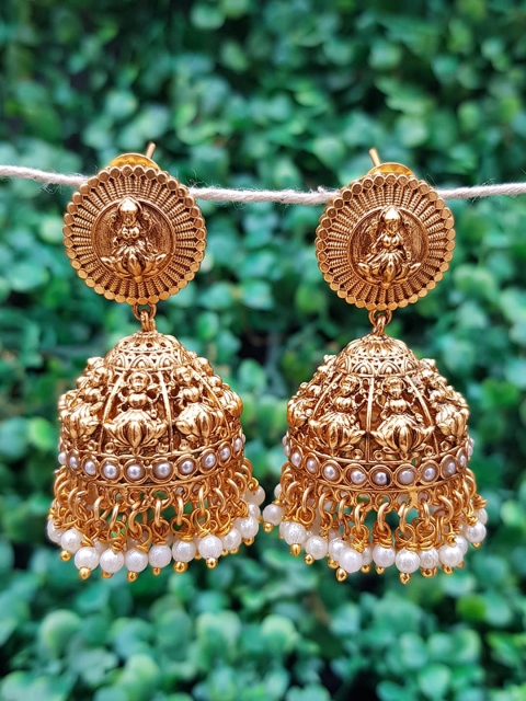 

GRIIHAM Gold-Toned & White Contemporary Jhumkas Earrings