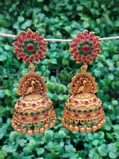 

GRIIHAM Gold-Plated Pink & Green Peacock Shaped Jhumkas