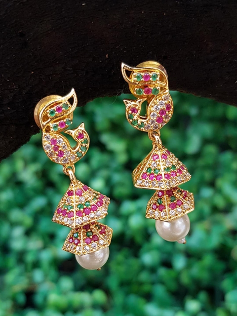 

GRIIHAM Gold-Toned & Multicoloured Contemporary Jhumkas Earrings