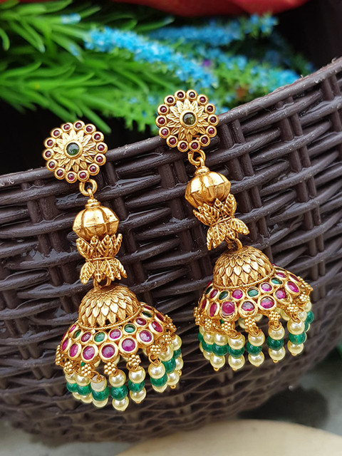

GRIIHAM Gold-Toned & Multicoloured Contemporary Jhumkas Earrings