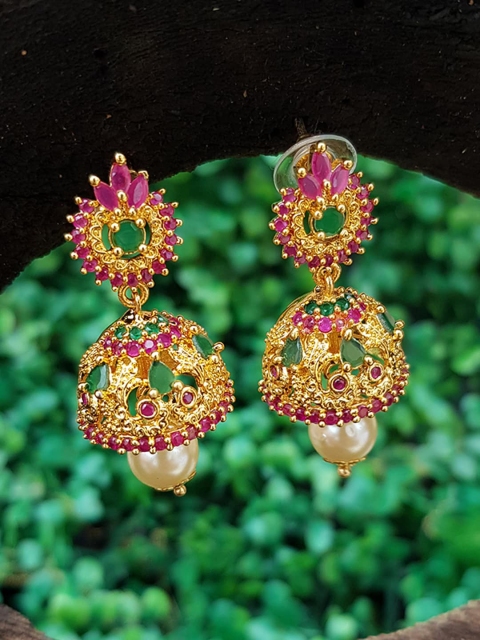 

GRIIHAM Gold-Plated Pink & White Dome Shaped Jhumkas